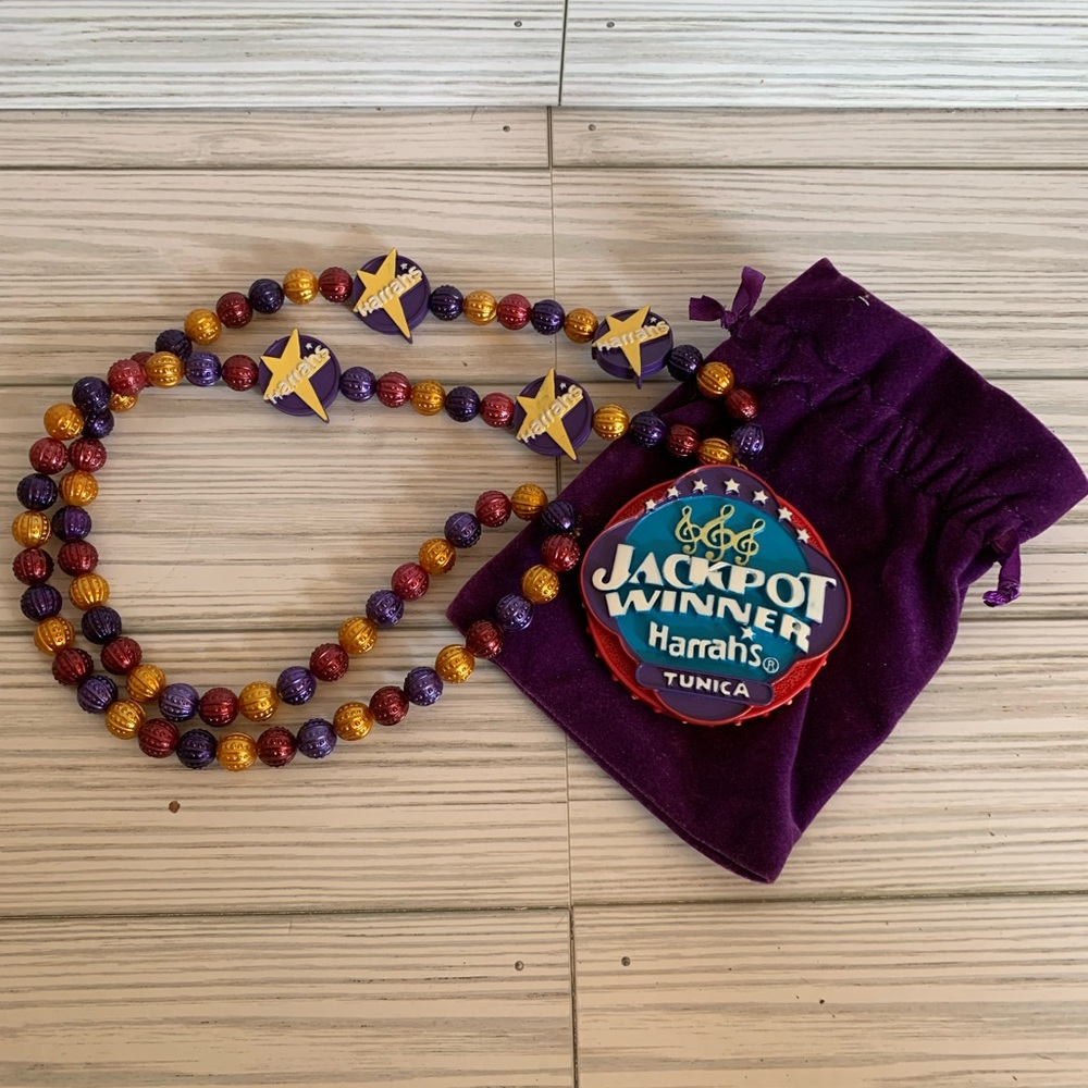 Harrah's Jackpot Winner Beaded Necklace with Velvet Pouch - Purple, Gold, Red